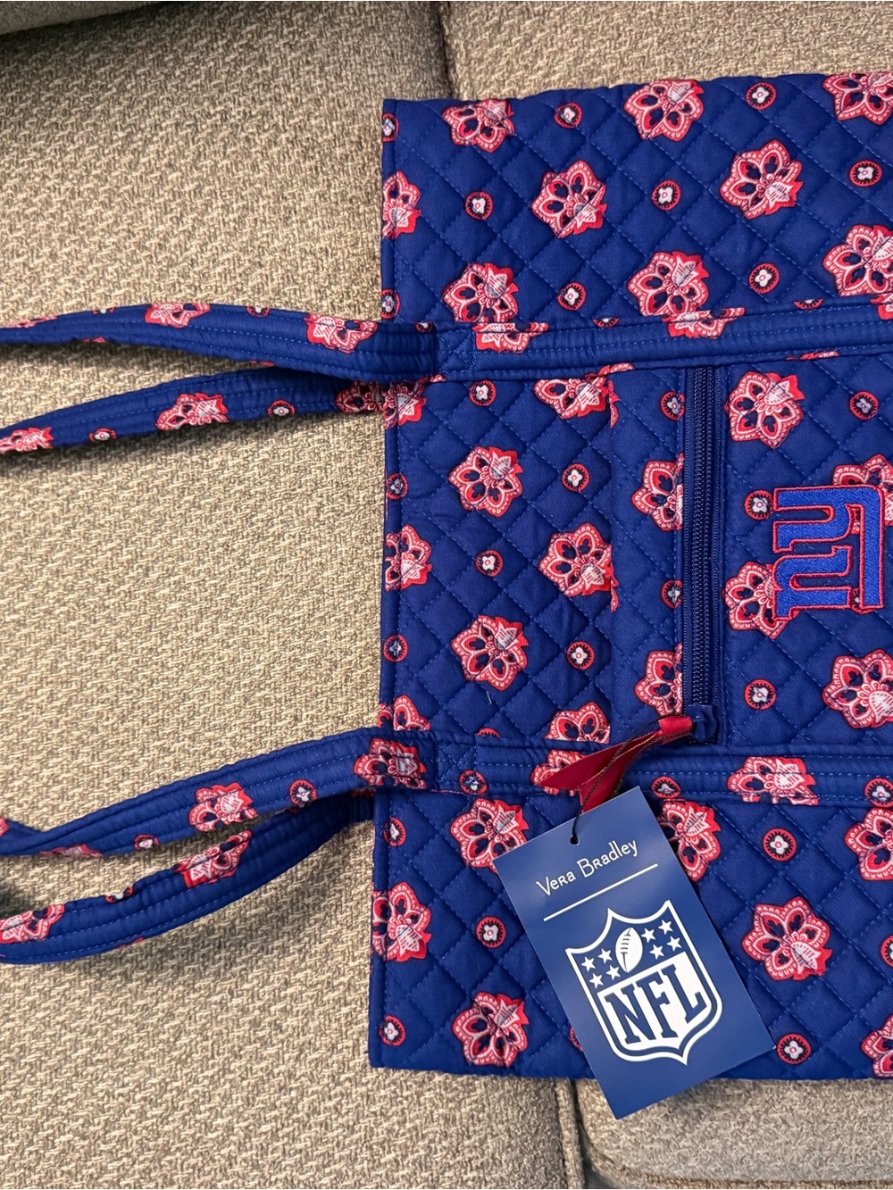Vera Bradley Blue Quilted Floral Tote with Pink Accents